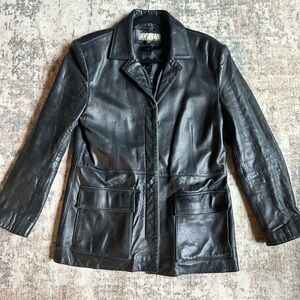Static Vintage Leather Jacket Womens Large‎ Black Button Front Blazer W/ Pockets